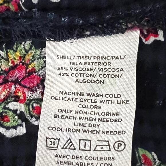 Loft Womens Peasant Blouse Small Navy Blue Floral Crinkle Fabric Tasseled Boho - Picture 6 of 6